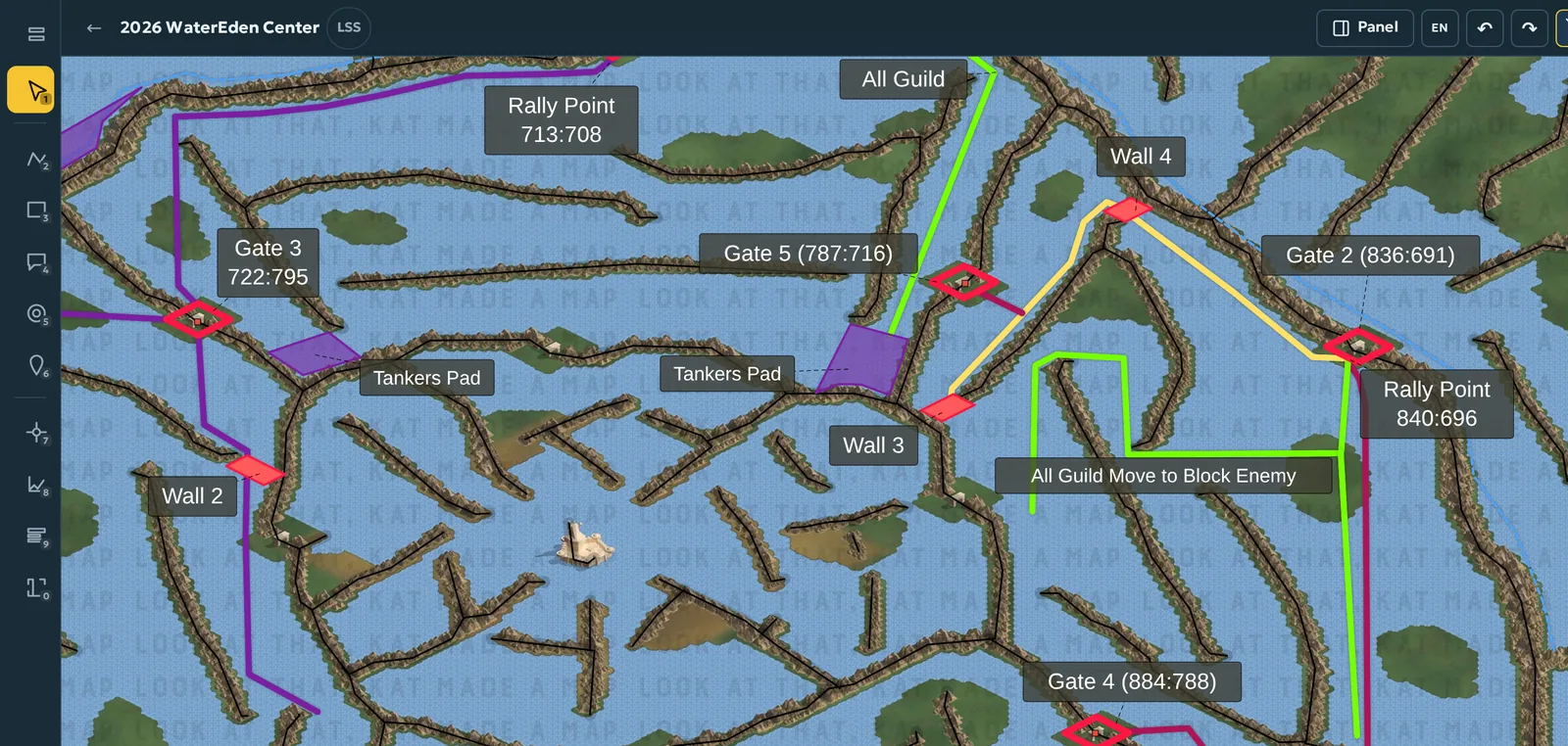 Map editor: guild routes, gates and labels on the WaterEden map
